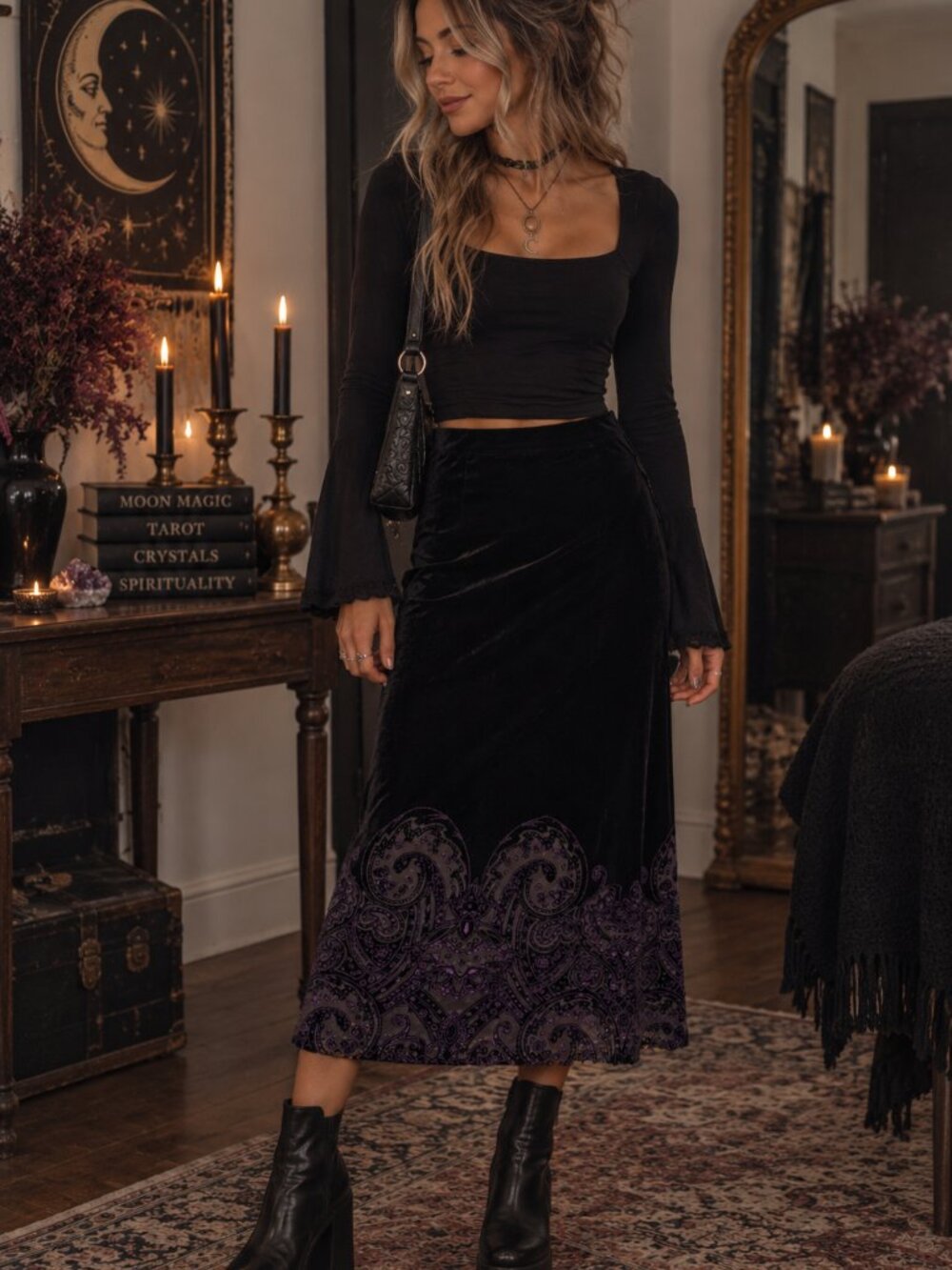 Mirasol Black Velvet Paisley Midi Skirt Purple Whimsigoth Goth Witchy Halloween